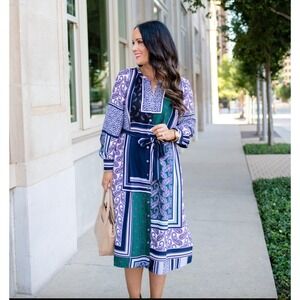 LOFT Boho Paisley Patchwork Midi Shirt Dress Tie Waist Preppy Size M